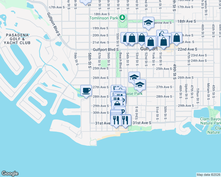 map of restaurants, bars, coffee shops, grocery stores, and more near 2700 56th Street South in Gulfport