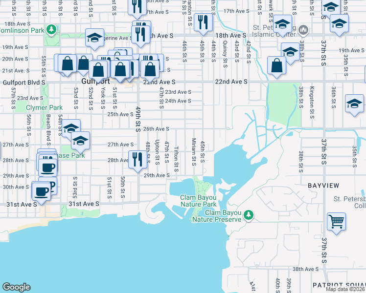 map of restaurants, bars, coffee shops, grocery stores, and more near 2649 46th Street South in Gulfport