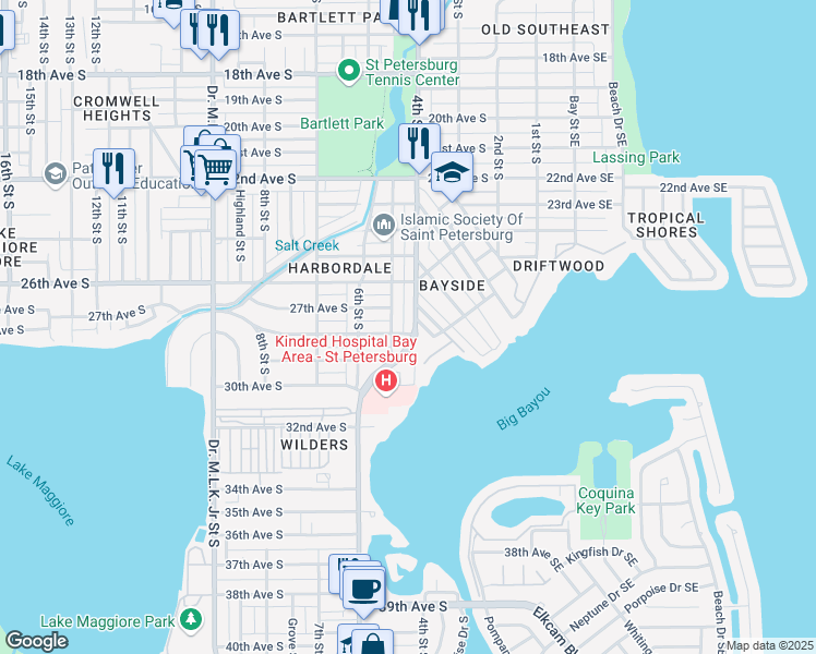map of restaurants, bars, coffee shops, grocery stores, and more near 2636 5th Street South in St. Petersburg