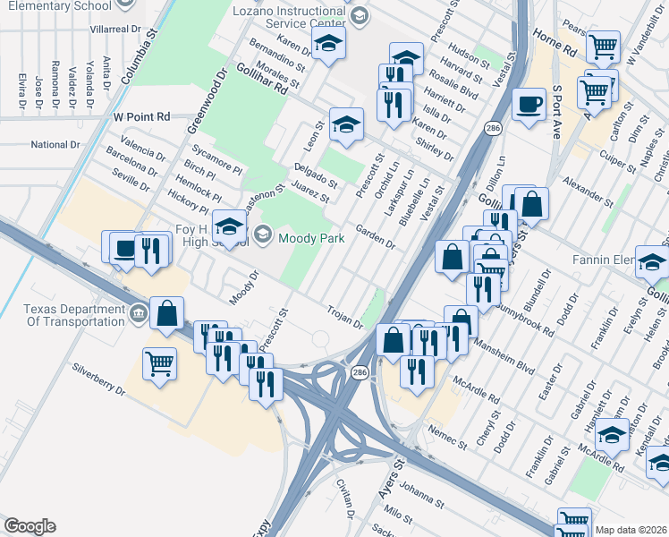 map of restaurants, bars, coffee shops, grocery stores, and more near 4733 Prescott Street in Corpus Christi
