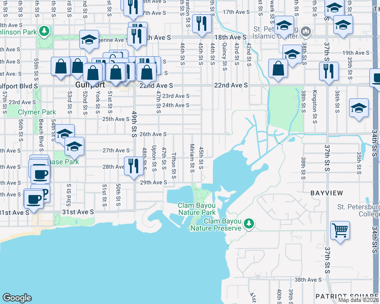 map of restaurants, bars, coffee shops, grocery stores, and more near 2655 Miriam Street South in Gulfport