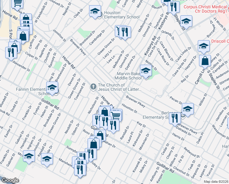 map of restaurants, bars, coffee shops, grocery stores, and more near 3105 Brawner Parkway in Corpus Christi