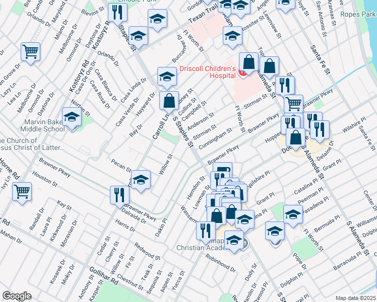 map of restaurants, bars, coffee shops, grocery stores, and more near 3802 Stirman Street in Corpus Christi