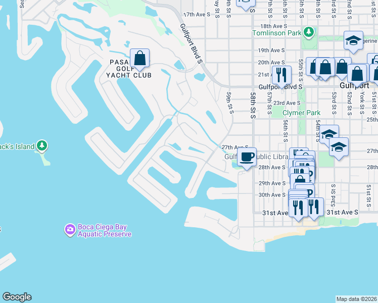 map of restaurants, bars, coffee shops, grocery stores, and more near 5912 Pelican Bay Plaza South in Gulfport