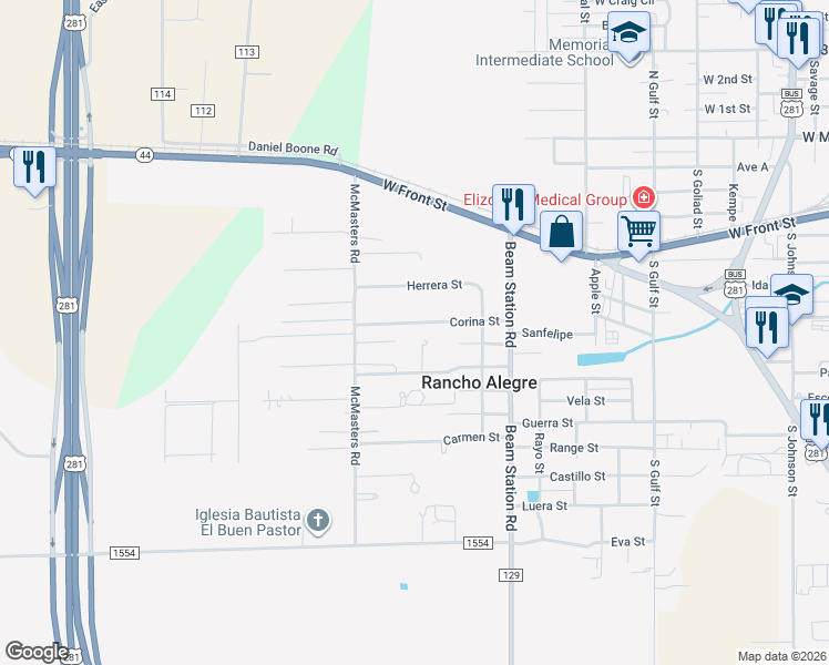 map of restaurants, bars, coffee shops, grocery stores, and more near 1703 Corina Street in Alice
