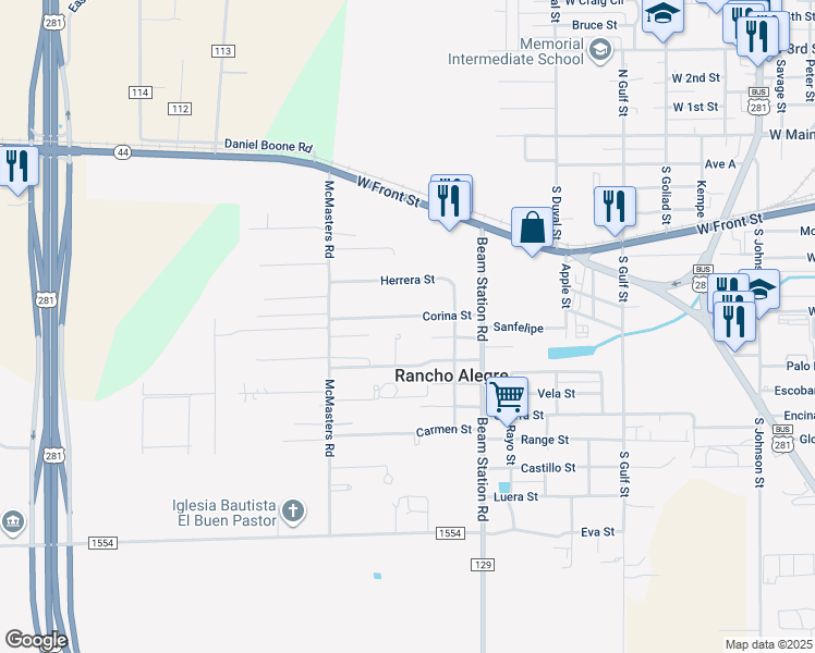 map of restaurants, bars, coffee shops, grocery stores, and more near 1703 Corina Street in Alice