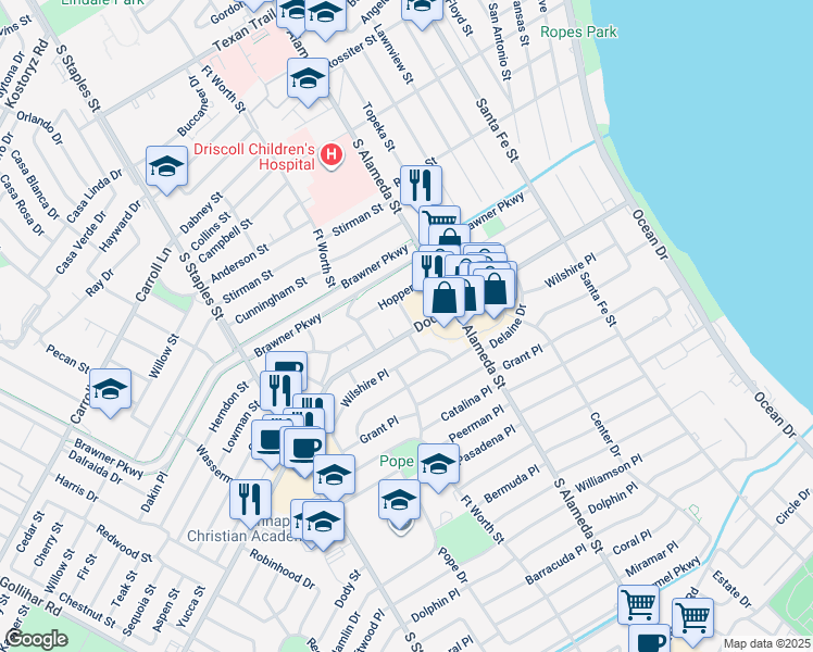 map of restaurants, bars, coffee shops, grocery stores, and more near 3721 Reid Drive in Corpus Christi