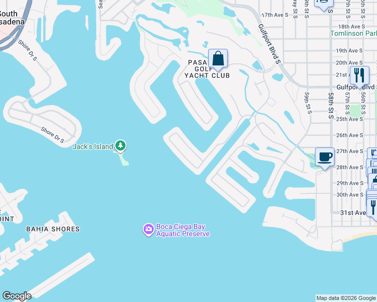 map of restaurants, bars, coffee shops, grocery stores, and more near 6009 Kipps Colony Drive East in Gulfport