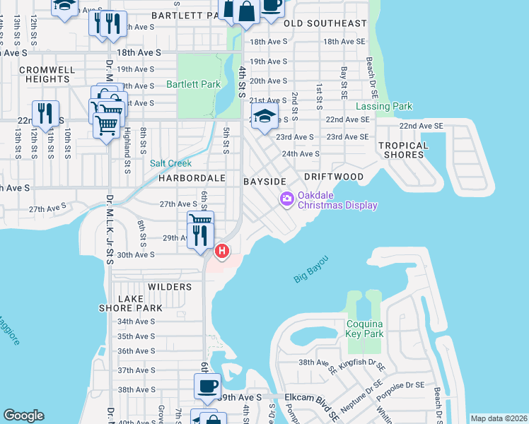 map of restaurants, bars, coffee shops, grocery stores, and more near 2670 Bayside Drive South in St. Petersburg