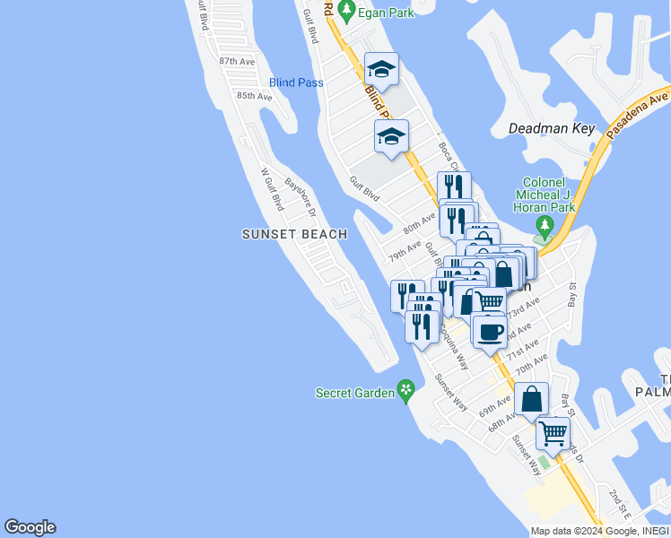 map of restaurants, bars, coffee shops, grocery stores, and more near 145 79th Avenue in Treasure Island