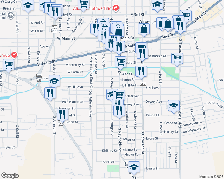 map of restaurants, bars, coffee shops, grocery stores, and more near 723 S Wright St in Alice