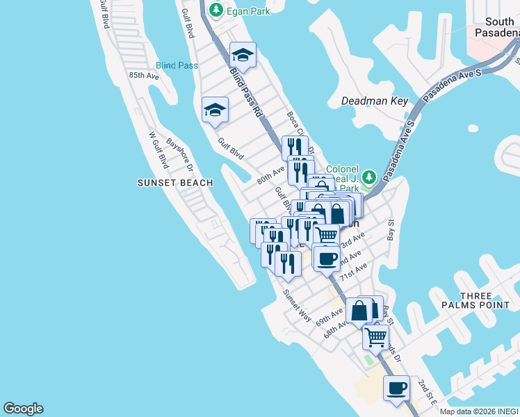 map of restaurants, bars, coffee shops, grocery stores, and more near 601 78th Avenue in St. Pete Beach