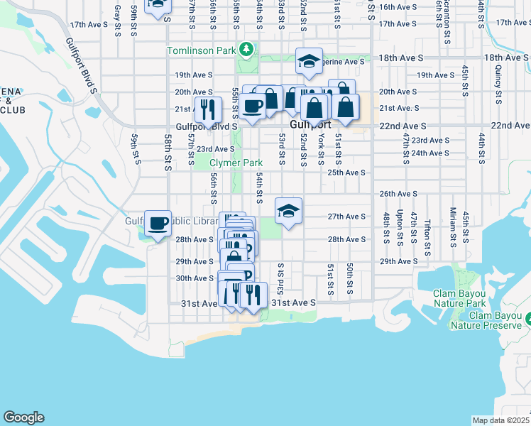 map of restaurants, bars, coffee shops, grocery stores, and more near 2613 53rd Street South in Gulfport