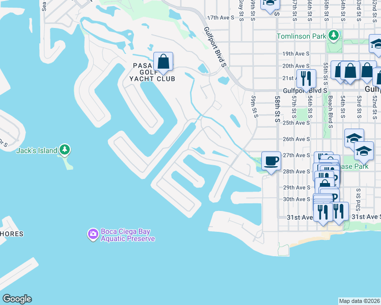 map of restaurants, bars, coffee shops, grocery stores, and more near 5954 Skimmer Point Boulevard South in Gulfport