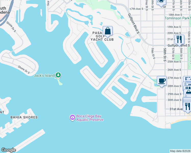 map of restaurants, bars, coffee shops, grocery stores, and more near 6009 Kipps Colony Drive East in Gulfport