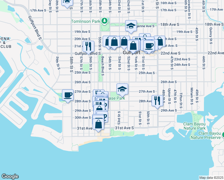 map of restaurants, bars, coffee shops, grocery stores, and more near 2613 53rd Street South in Gulfport