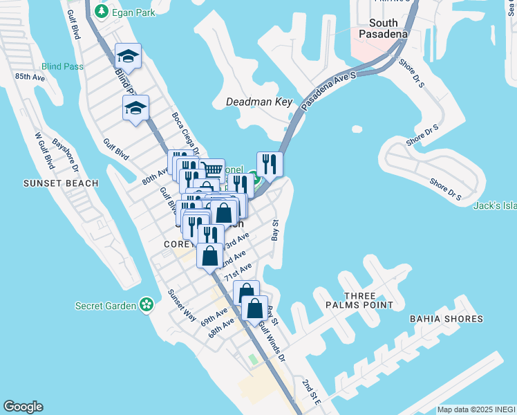 map of restaurants, bars, coffee shops, grocery stores, and more near 155 Corey Avenue in St. Pete Beach