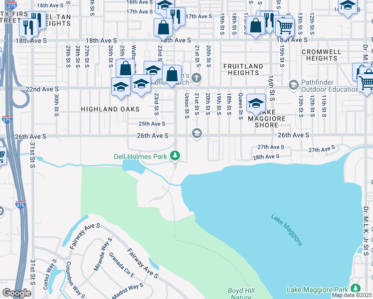 map of restaurants, bars, coffee shops, grocery stores, and more near 2623 Union Street South in St. Petersburg