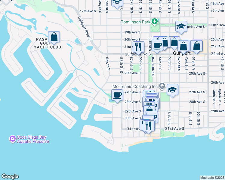 map of restaurants, bars, coffee shops, grocery stores, and more near 5831 27th Avenue South in Gulfport