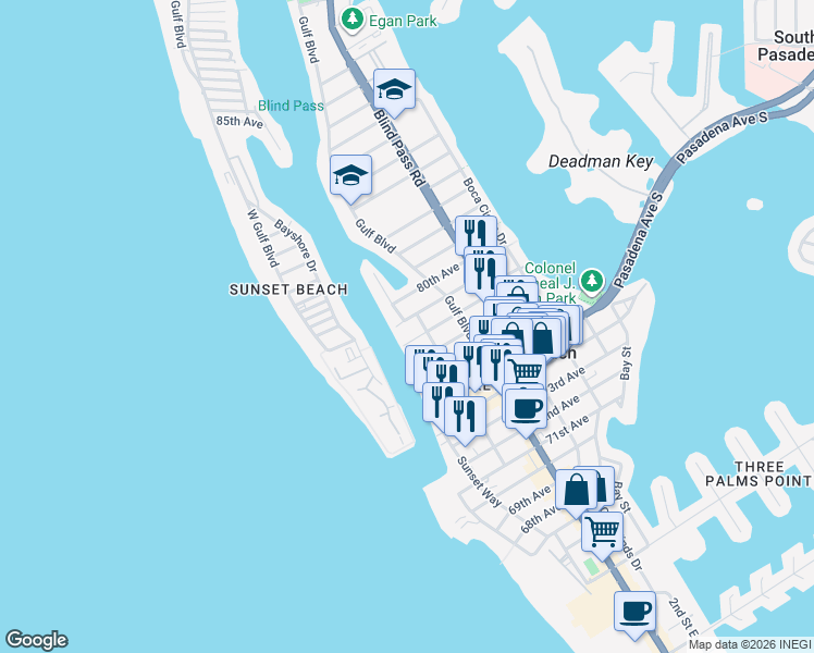 map of restaurants, bars, coffee shops, grocery stores, and more near 521 79th Avenue in St. Pete Beach