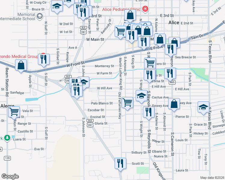 map of restaurants, bars, coffee shops, grocery stores, and more near 204 West Hill Avenue in Alice