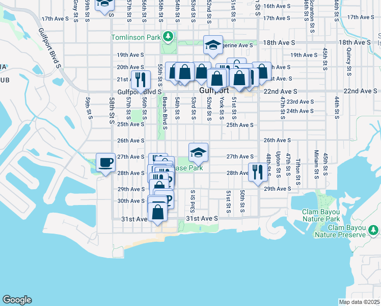 map of restaurants, bars, coffee shops, grocery stores, and more near 2613 53rd Street South in Gulfport