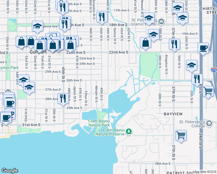 map of restaurants, bars, coffee shops, grocery stores, and more near 2623 44th Street South in Gulfport