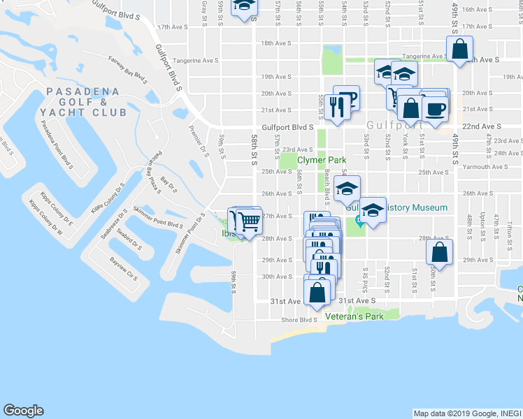map of restaurants, bars, coffee shops, grocery stores, and more near 2626 58th Street South in Gulfport