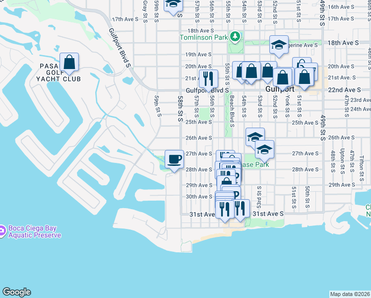 map of restaurants, bars, coffee shops, grocery stores, and more near 2614 58th Street South in Gulfport