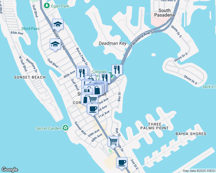 map of restaurants, bars, coffee shops, grocery stores, and more near 155 Corey Avenue in St. Pete Beach