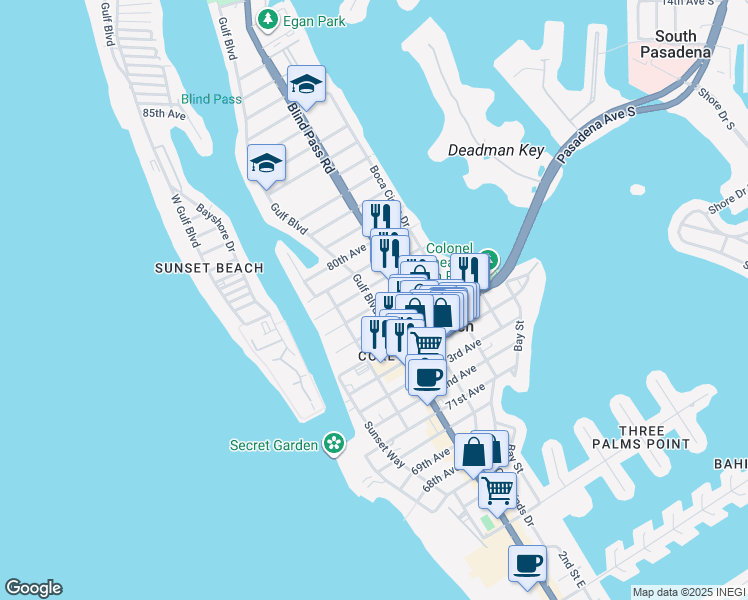 map of restaurants, bars, coffee shops, grocery stores, and more near 7704 Blind Pass Road in St. Pete Beach