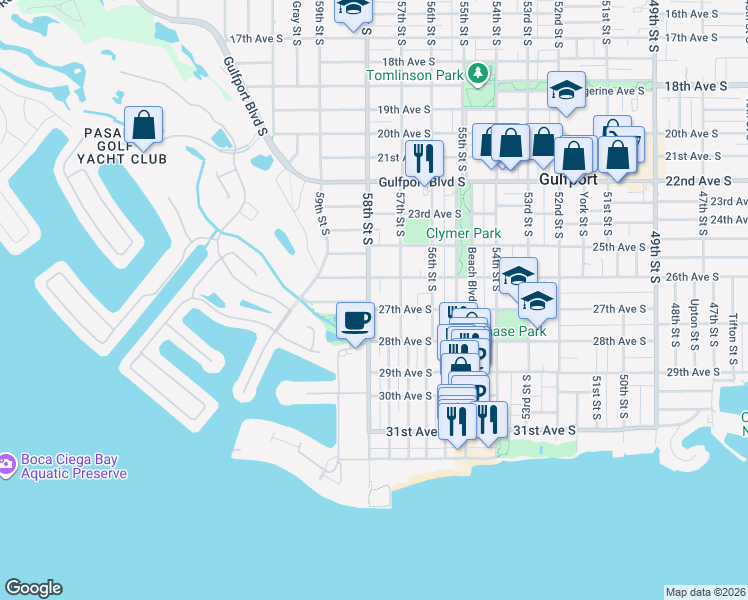 map of restaurants, bars, coffee shops, grocery stores, and more near 2626 58th Street South in Gulfport