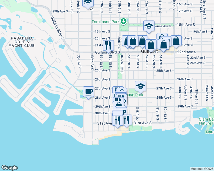 map of restaurants, bars, coffee shops, grocery stores, and more near 2626 Concordia Court South in Gulfport