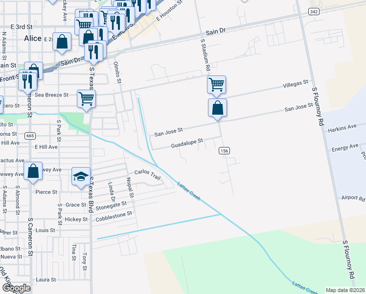 map of restaurants, bars, coffee shops, grocery stores, and more near 1435 Guadalupe Street in Alice