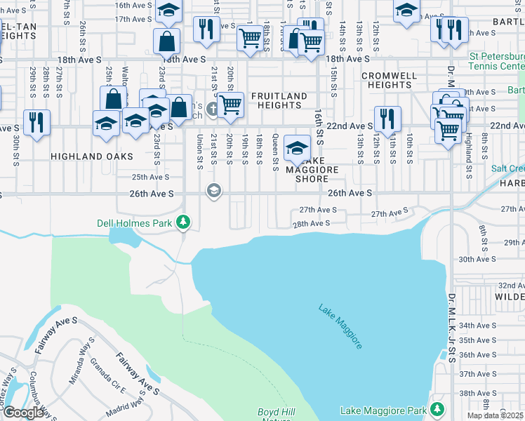 map of restaurants, bars, coffee shops, grocery stores, and more near 2644 18th Street South in St. Petersburg