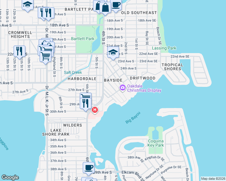 map of restaurants, bars, coffee shops, grocery stores, and more near 2670 Bayside Drive South in St. Petersburg