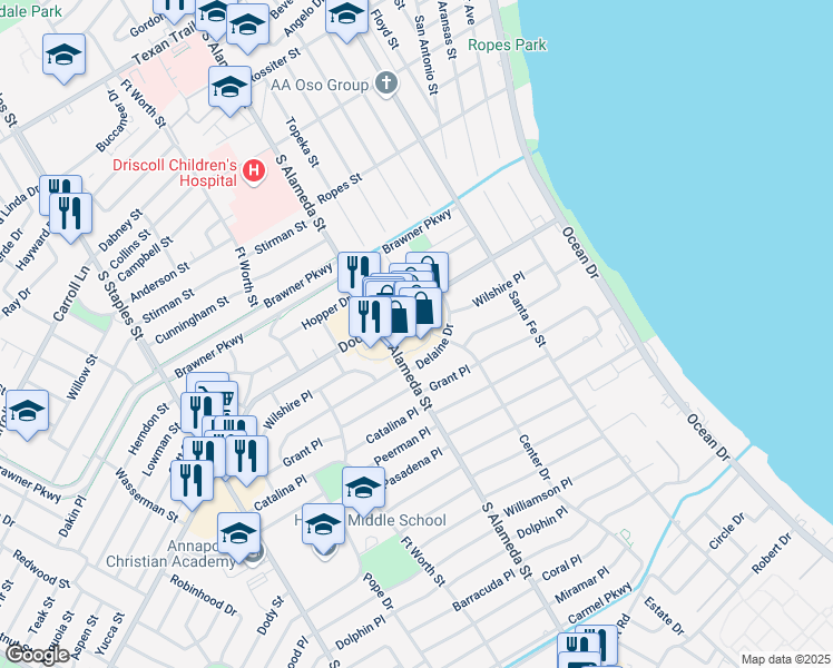 map of restaurants, bars, coffee shops, grocery stores, and more near 3800 South Alameda Street in Corpus Christi
