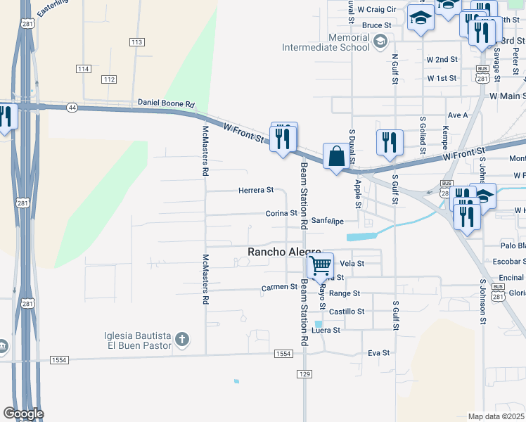 map of restaurants, bars, coffee shops, grocery stores, and more near 1523 Corina Street in Alice