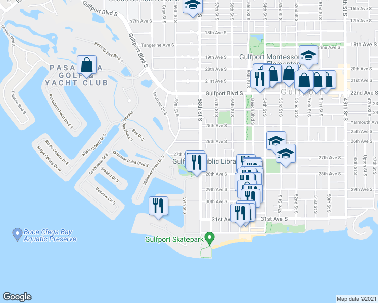 map of restaurants, bars, coffee shops, grocery stores, and more near 5831 27th Avenue South in Gulfport