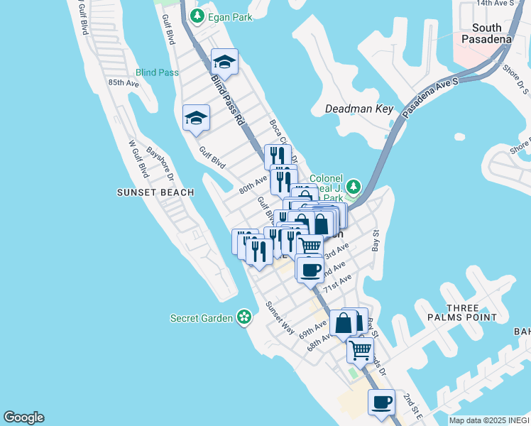 map of restaurants, bars, coffee shops, grocery stores, and more near 505 78th Avenue in St. Pete Beach