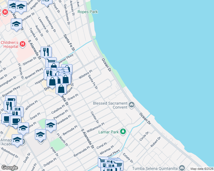 map of restaurants, bars, coffee shops, grocery stores, and more near 210 Bayside Drive in Corpus Christi