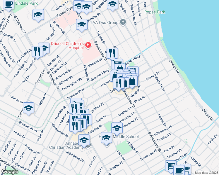 map of restaurants, bars, coffee shops, grocery stores, and more near 3714 Reid Drive in Corpus Christi