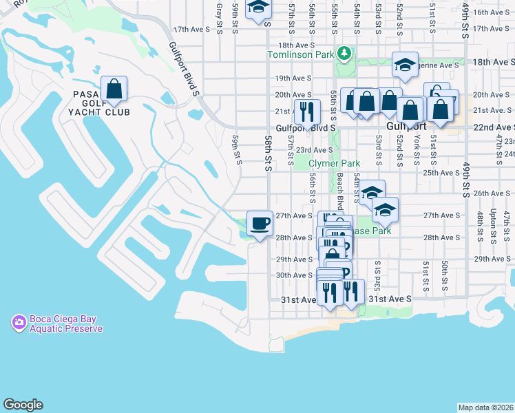 map of restaurants, bars, coffee shops, grocery stores, and more near 5819 27th Avenue South in Gulfport