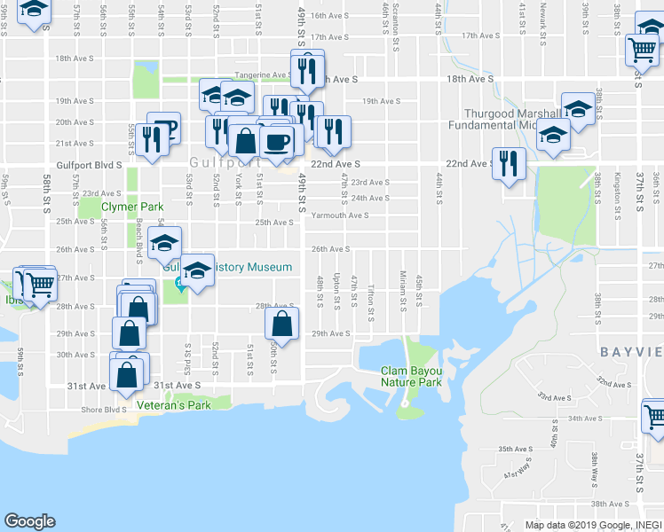map of restaurants, bars, coffee shops, grocery stores, and more near 2621 Upton Street South in Gulfport