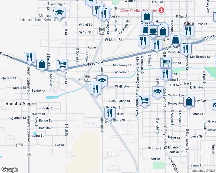 map of restaurants, bars, coffee shops, grocery stores, and more near 504 West Hill Avenue in Alice