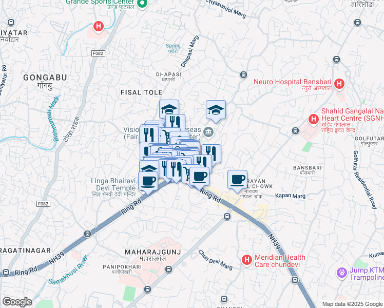 map of restaurants, bars, coffee shops, grocery stores, and more near Dhapasi Marg in Kathmandu