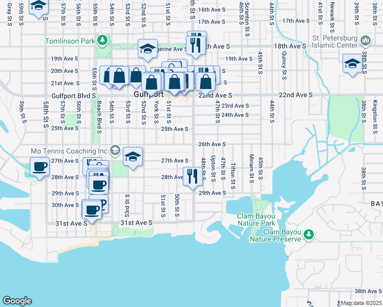 map of restaurants, bars, coffee shops, grocery stores, and more near 2631 49th Street South in Gulfport