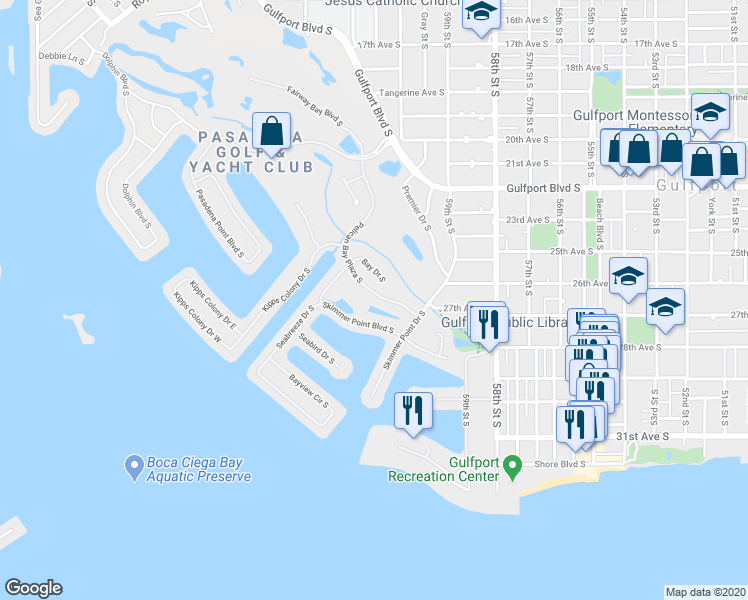 map of restaurants, bars, coffee shops, grocery stores, and more near 5912 Pelican Bay Plaza South in Gulfport