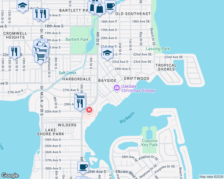 map of restaurants, bars, coffee shops, grocery stores, and more near 2670 Bayside Drive South in St. Petersburg