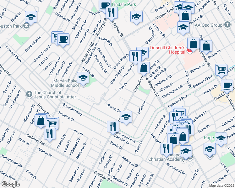map of restaurants, bars, coffee shops, grocery stores, and more near 1329 Ray Drive in Corpus Christi